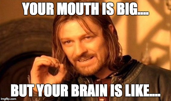 One Does Not Simply | YOUR MOUTH IS BIG.... BUT YOUR BRAIN IS LIKE.... | image tagged in memes,one does not simply | made w/ Imgflip meme maker