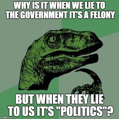 Government Logic... | WHY IS IT WHEN WE LIE TO THE GOVERNMENT IT'S A FELONY; BUT WHEN THEY LIE TO US IT'S "POLITICS"? | image tagged in memes,philosoraptor | made w/ Imgflip meme maker