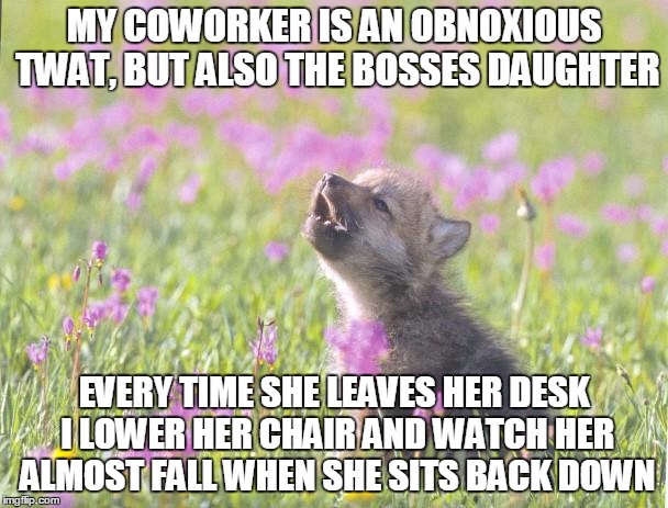 Baby Insanity Wolf Meme | MY COWORKER IS AN OBNOXIOUS TWAT, BUT ALSO THE BOSSES DAUGHTER; EVERY TIME SHE LEAVES HER DESK I LOWER HER CHAIR AND WATCH HER ALMOST FALL WHEN SHE SITS BACK DOWN | image tagged in memes,baby insanity wolf,AdviceAnimals | made w/ Imgflip meme maker