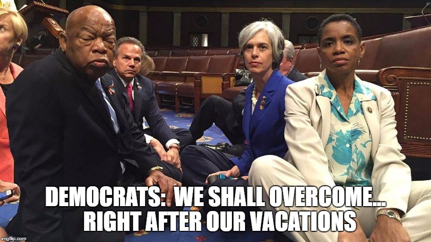democrat sit-in | DEMOCRATS:  WE SHALL OVERCOME... 
RIGHT AFTER OUR VACATIONS | image tagged in sit-in,democrats | made w/ Imgflip meme maker
