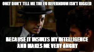 ONLY DON'T TELL ME THE EU REFERNDUM ISN'T RIGGED; BECAUSE IT INSULTS MY INTELLIGENCE AND MAKES ME VERY ANGRY | image tagged in politcs | made w/ Imgflip meme maker