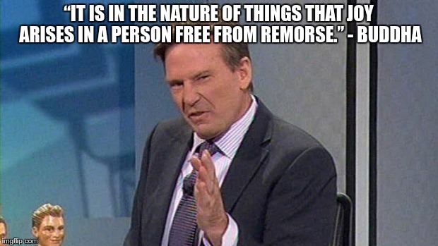 sam newman v buddha | “IT IS IN THE NATURE OF THINGS THAT JOY ARISES IN A PERSON FREE FROM REMORSE.” - BUDDHA | image tagged in buddha,samnewman,carolinewilson,footyshow | made w/ Imgflip meme maker