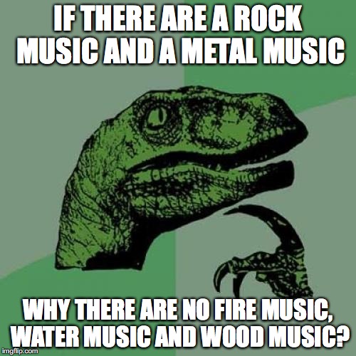 Philosoraptor | IF THERE ARE A ROCK MUSIC AND A METAL MUSIC; WHY THERE ARE NO FIRE MUSIC, WATER MUSIC AND WOOD MUSIC? | image tagged in memes,philosoraptor | made w/ Imgflip meme maker
