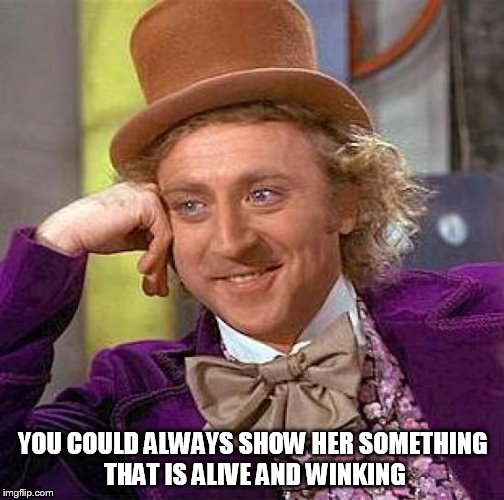 Creepy Condescending Wonka Meme | YOU COULD ALWAYS SHOW HER SOMETHING THAT IS ALIVE AND WINKING | image tagged in memes,creepy condescending wonka | made w/ Imgflip meme maker