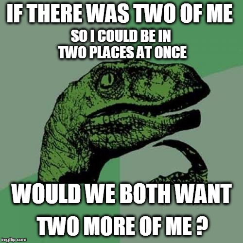 ...and so on, and so on... | WOULD WE BOTH WANT; TWO MORE OF ME ? | image tagged in philosoraptor,spooky,physics,spirituality | made w/ Imgflip meme maker