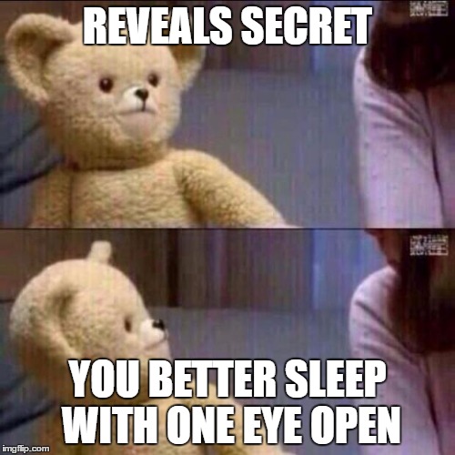 shocked bear | REVEALS SECRET; YOU BETTER SLEEP WITH ONE EYE OPEN | image tagged in shocked bear | made w/ Imgflip meme maker