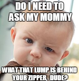 Skeptical Baby Meme | DO I NEED TO ASK MY MOMMY WHAT THAT LUMP IS BEHIND YOUR ZIPPER,  DUDE? | image tagged in memes,skeptical baby | made w/ Imgflip meme maker