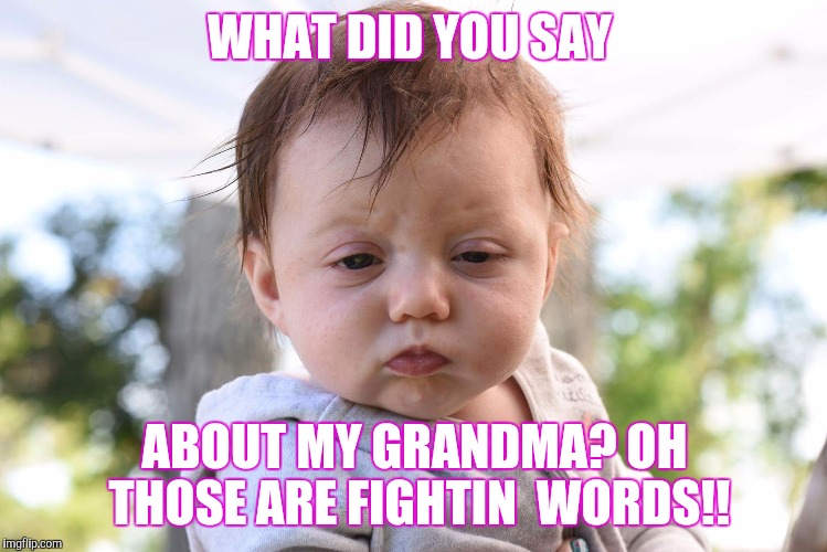 Lyla | WHAT DID YOU SAY; ABOUT MY GRANDMA? OH THOSE ARE FIGHTIN  WORDS!! | image tagged in baby,angry,grandma,attitude,protection,fight | made w/ Imgflip meme maker