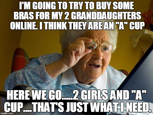 Grandma Finds The Internet Meme | I'M GOING TO TRY TO BUY SOME BRAS FOR MY 2 GRANDDAUGHTERS ONLINE. I THINK THEY ARE AN "A" CUP; HERE WE GO.....2 GIRLS AND "A" CUP....THAT'S JUST WHAT I NEED. | image tagged in memes,grandma finds the internet | made w/ Imgflip meme maker