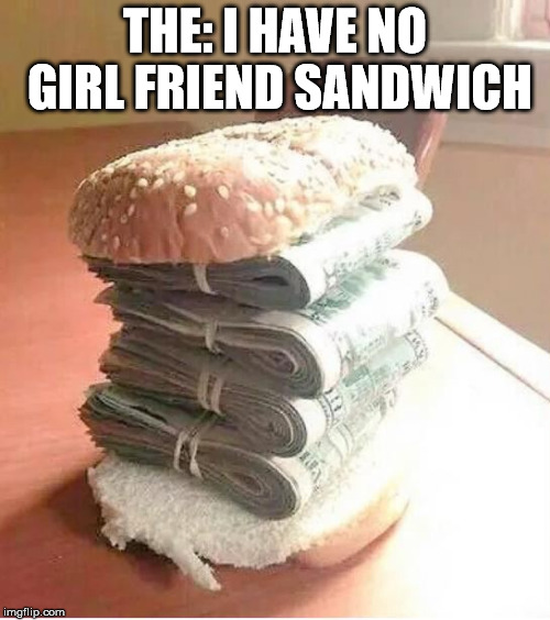 sandwich THE: I HAVE NO GIRL FRIEND SANDWICH image tagged in money sandwich girlfrien...