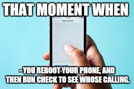 THAT MOMENT WHEN; - YOU REBOOT YOUR PHONE, AND THEN RUN CHECK TO SEE WHOSE CALLING. | image tagged in phone,first world problems,cellphone,call,who are you | made w/ Imgflip meme maker