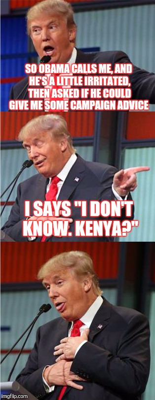 Puntime with Barry.
 | SO OBAMA CALLS ME, AND HE'S A LITTLE IRRITATED, THEN ASKED IF HE COULD GIVE ME SOME CAMPAIGN ADVICE; I SAYS "I DON'T KNOW. KENYA?" | image tagged in bad pun trump,obama,funny,memes | made w/ Imgflip meme maker