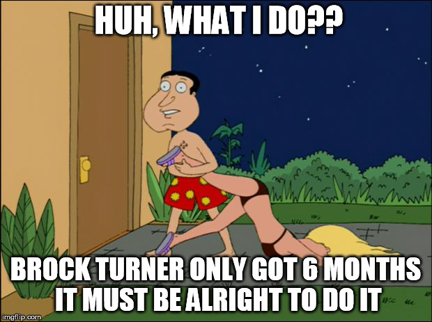 family guy quagmire | HUH, WHAT I DO?? BROCK TURNER ONLY GOT 6 MONTHS IT MUST BE ALRIGHT TO DO IT | image tagged in family guy quagmire | made w/ Imgflip meme maker