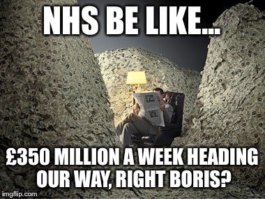 NHS rich | NHS BE LIKE... £350 MILLION A WEEK HEADING OUR WAY, RIGHT BORIS? | image tagged in nhs rich,eu nhs,boris johnson,nhs be like | made w/ Imgflip meme maker