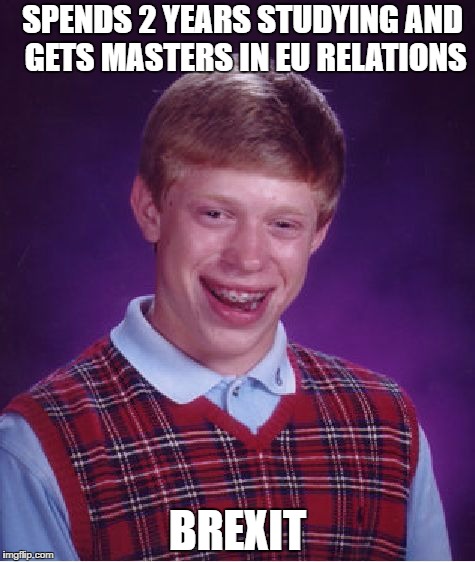Bad Luck Brian Meme | SPENDS 2 YEARS STUDYING AND GETS MASTERS IN EU RELATIONS; BREXIT | image tagged in memes,bad luck brian,funny | made w/ Imgflip meme maker