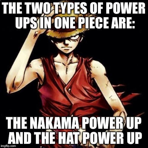 One Piece Power Ups | THE TWO TYPES OF POWER UPS IN ONE PIECE ARE:; THE NAKAMA POWER UP AND THE HAT POWER UP | image tagged in luffy | made w/ Imgflip meme maker