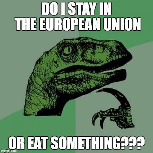 Philosoraptor | DO I STAY IN THE EUROPEAN UNION; OR EAT SOMETHING??? | image tagged in memes,philosoraptor | made w/ Imgflip meme maker