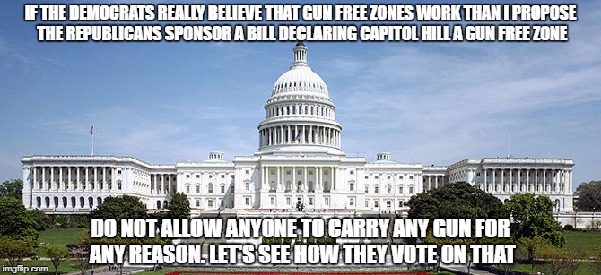 IF THE DEMOCRATS REALLY BELIEVE THAT GUN FREE ZONES WORK THAN I PROPOSE THE REPUBLICANS SPONSOR A BILL DECLARING CAPITOL HILL A GUN FREE ZONE; DO NOT ALLOW ANYONE TO CARRY ANY GUN FOR ANY REASON. LET'S SEE HOW THEY VOTE ON THAT | image tagged in liberals,gun free zone,politics | made w/ Imgflip meme maker