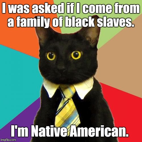 Are you assuming my race? I'm offended.  | I was asked if I come from a family of black slaves. I'm Native American. | image tagged in memes,business cat | made w/ Imgflip meme maker