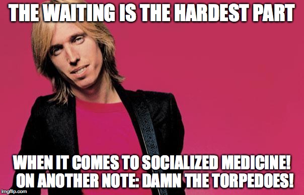 Tom petty | THE WAITING IS THE HARDEST PART; WHEN IT COMES TO SOCIALIZED MEDICINE!  ON ANOTHER NOTE: DAMN THE TORPEDOES! | image tagged in tom petty | made w/ Imgflip meme maker