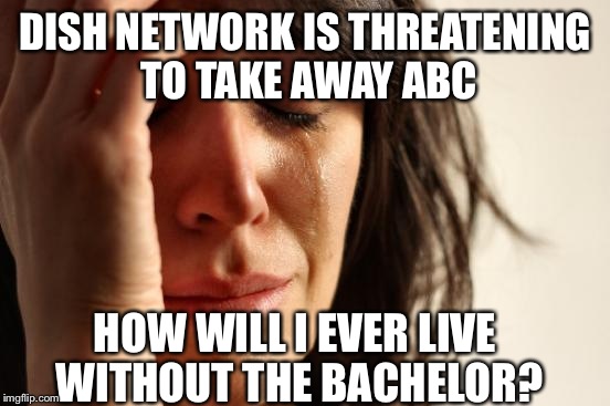 First World Problems Meme | DISH NETWORK IS THREATENING TO TAKE AWAY ABC; HOW WILL I EVER LIVE WITHOUT THE BACHELOR? | image tagged in memes,first world problems | made w/ Imgflip meme maker