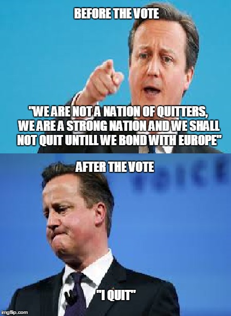 quit | BEFORE THE VOTE; "WE ARE NOT A NATION OF QUITTERS, WE ARE A STRONG NATION AND WE SHALL NOT QUIT UNTILL WE BOND WITH EUROPE"; AFTER THE VOTE; "I QUIT" | image tagged in quit | made w/ Imgflip meme maker