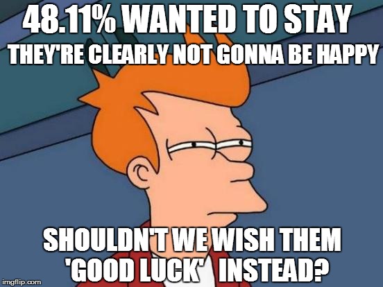 Futurama Fry Meme | 48.11% WANTED TO STAY THEY'RE CLEARLY NOT GONNA BE HAPPY SHOULDN'T WE WISH THEM  'GOOD LUCK'   INSTEAD? | image tagged in memes,futurama fry | made w/ Imgflip meme maker
