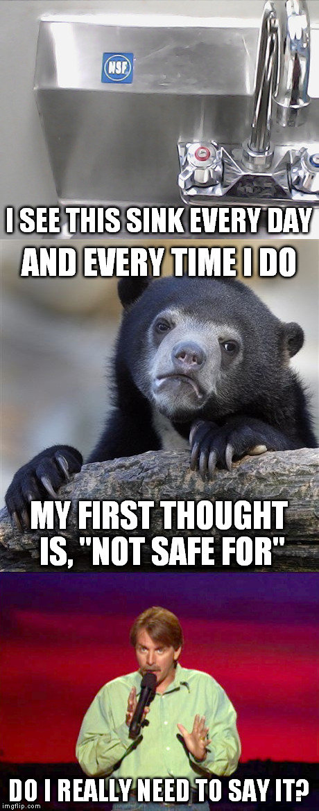 Hanging my head in shame... | I SEE THIS SINK EVERY DAY; AND EVERY TIME I DO; MY FIRST THOUGHT IS, "NOT SAFE FOR"; DO I REALLY NEED TO SAY IT? | image tagged in not safe for sink,memes,confession bear,jeff foxworthy,addict | made w/ Imgflip meme maker
