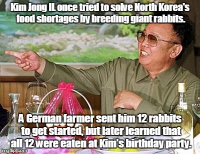 One of those W T.F. facts.  |  Kim Jong IL once tried to solve North Korea's food shortages by breeding giant rabbits. A German farmer sent him 12 rabbits to get started, but later learned that all 12 were eaten at Kim's birthday party. | image tagged in kim jong il,funny meme | made w/ Imgflip meme maker