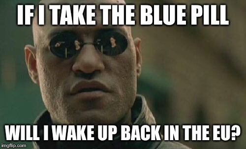 Matrix Morpheus Meme | IF I TAKE THE BLUE PILL; WILL I WAKE UP BACK IN THE EU? | image tagged in memes,matrix morpheus | made w/ Imgflip meme maker