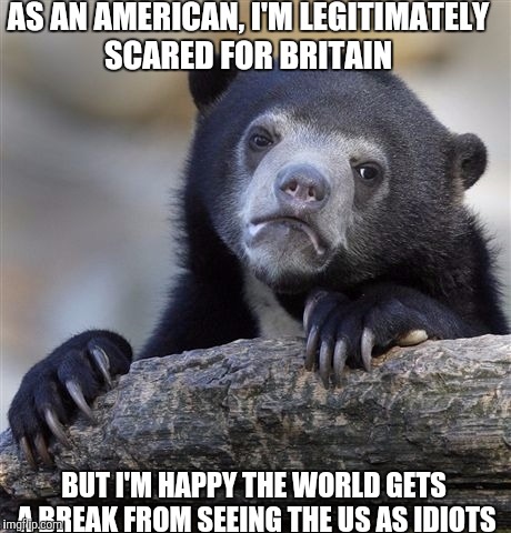 Confession Bear | AS AN AMERICAN, I'M LEGITIMATELY SCARED FOR BRITAIN; BUT I'M HAPPY THE WORLD GETS A BREAK FROM SEEING THE US AS IDIOTS | image tagged in memes,confession bear,AdviceAnimals | made w/ Imgflip meme maker
