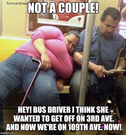 NOT A COUPLE! HEY! BUS DRIVER I THINK SHE WANTED TO GET OFF ON 3RD AVE. AND NOW WE'RE ON 109TH AVE. NOW! | made w/ Imgflip meme maker