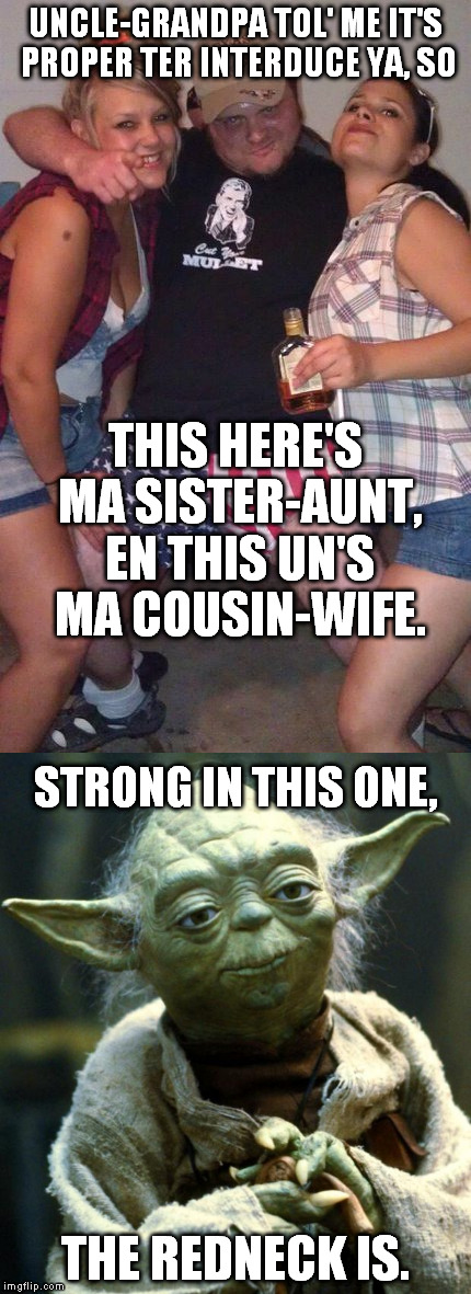 Jerry Springer, here we come! | UNCLE-GRANDPA TOL' ME IT'S PROPER TER INTERDUCE YA, SO; THIS HERE'S MA SISTER-AUNT, EN THIS UN'S MA COUSIN-WIFE. STRONG IN THIS ONE, THE REDNECK IS. | image tagged in murica,redneck,yoda,memes,incest | made w/ Imgflip meme maker