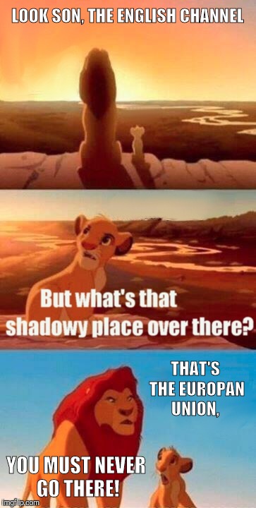 Simba EU | LOOK SON, THE ENGLISH CHANNEL; THAT'S THE EUROPAN UNION, YOU MUST NEVER GO THERE! | image tagged in memes,simba shadowy place,brexit,europe,eu referendum | made w/ Imgflip meme maker