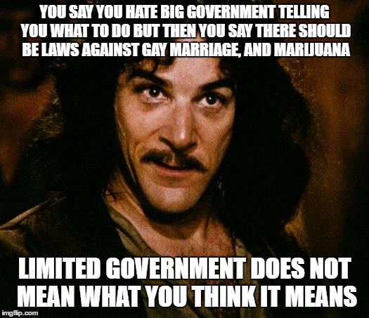 Inigo Montoya Meme | YOU SAY YOU HATE BIG GOVERNMENT TELLING YOU WHAT TO DO BUT THEN YOU SAY THERE SHOULD BE LAWS AGAINST GAY MARRIAGE, AND MARIJUANA; LIMITED GOVERNMENT DOES NOT MEAN WHAT YOU THINK IT MEANS | image tagged in memes,inigo montoya | made w/ Imgflip meme maker