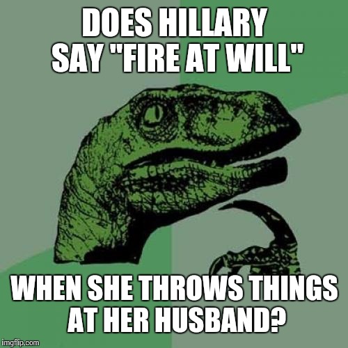 Philosoraptor Meme | DOES HILLARY SAY "FIRE AT WILL" WHEN SHE THROWS THINGS AT HER HUSBAND? | image tagged in memes,philosoraptor | made w/ Imgflip meme maker