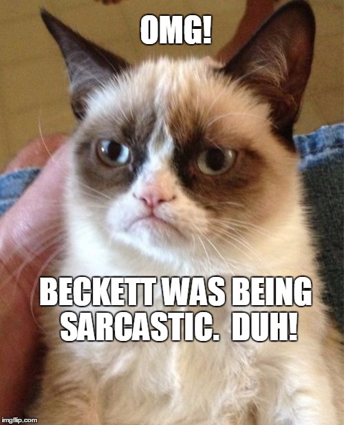 Grumpy Cat Meme | OMG! BECKETT WAS BEING SARCASTIC.  DUH! | image tagged in memes,grumpy cat | made w/ Imgflip meme maker