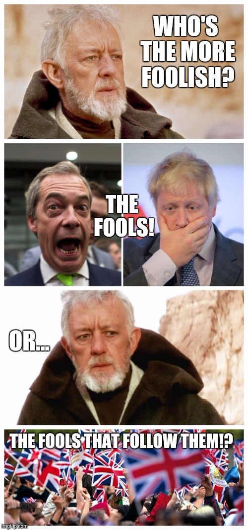 Who's the more foolish? |  WHO'S THE MORE FOOLISH? THE FOOLS! OR... THE FOOLS THAT FOLLOW THEM!? | image tagged in obi wan kenobi,eu referendum,brexit,nigel farage,boris johnson | made w/ Imgflip meme maker