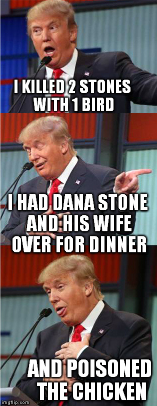 Killing 2 birds with 1 stone is easy | I KILLED 2 STONES WITH 1 BIRD; I HAD DANA STONE AND HIS WIFE OVER FOR DINNER; AND POISONED THE CHICKEN | image tagged in bad pun trump | made w/ Imgflip meme maker