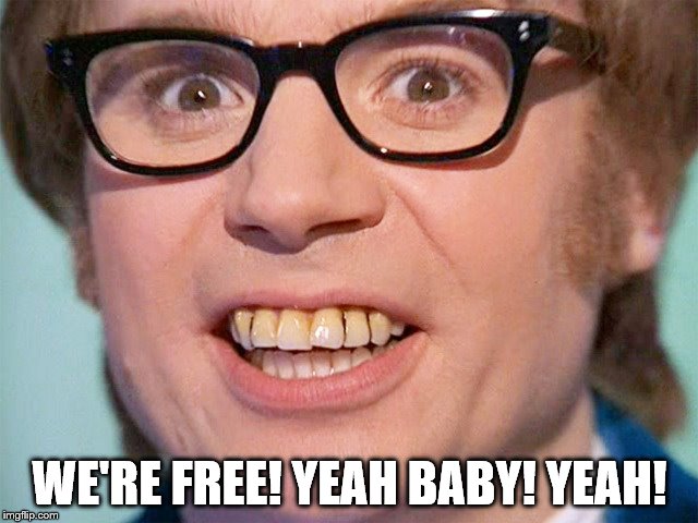 WE'RE FREE! YEAH BABY! YEAH! | image tagged in stupid british,britain,british,british tv | made w/ Imgflip meme maker