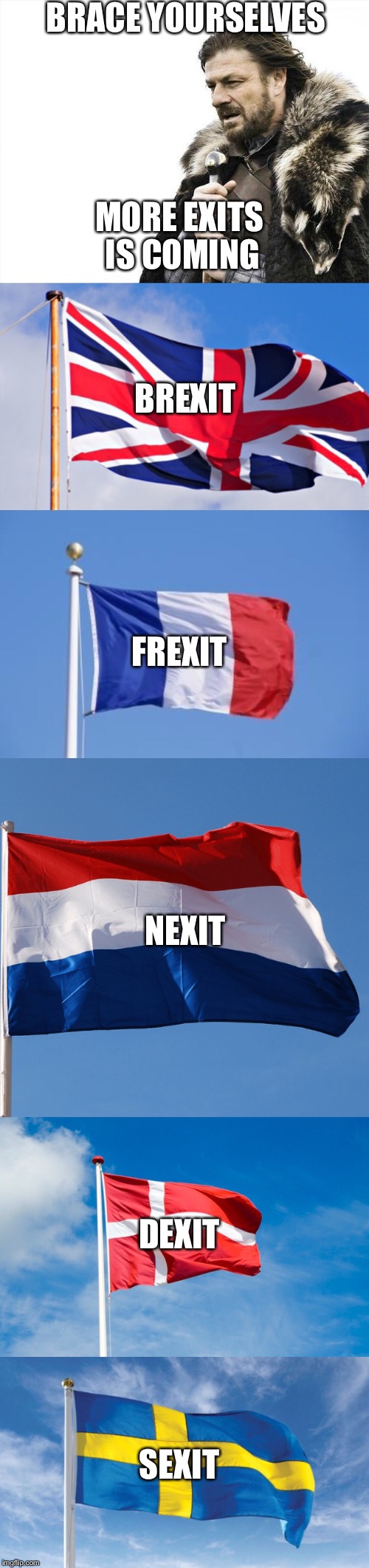 Let's add exit to more countries | BRACE YOURSELVES; MORE EXITS IS COMING; BREXIT; FREXIT; NEXIT; DEXIT; SEXIT | image tagged in memes,countries,brexit,funny | made w/ Imgflip meme maker