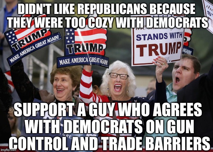 Who is a rino? | DIDN'T LIKE REPUBLICANS BECAUSE THEY WERE TOO COZY WITH DEMOCRATS; SUPPORT A GUY WHO AGREES WITH DEMOCRATS ON GUN CONTROL AND TRADE BARRIERS | image tagged in trump supporter | made w/ Imgflip meme maker