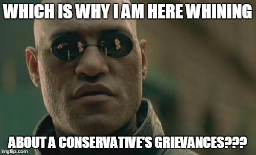 Matrix Morpheus Meme | WHICH IS WHY I AM HERE WHINING ABOUT A CONSERVATIVE'S GRIEVANCES??? | image tagged in memes,matrix morpheus | made w/ Imgflip meme maker