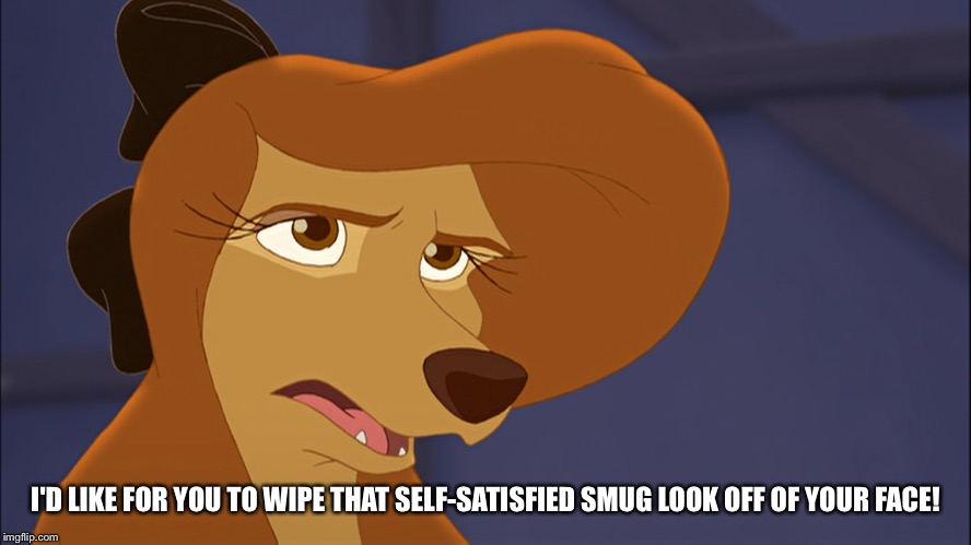 I'd Like For You To Wipe That Self-Satisfied Smug Look Off Of Your Face! | I'D LIKE FOR YOU TO WIPE THAT SELF-SATISFIED SMUG LOOK OFF OF YOUR FACE! | image tagged in dixie bored,memes,the fox and the hound 2,reba mcentire,dog | made w/ Imgflip meme maker