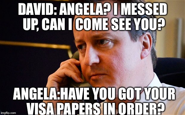 DAVID: ANGELA? I MESSED UP, CAN I COME SEE YOU? ANGELA:HAVE YOU GOT YOUR VISA PAPERS IN ORDER? | image tagged in david cameron on phone | made w/ Imgflip meme maker