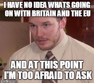 Afraid To Ask Andy (Closeup) | I HAVE NO IDEA WHATS GOING ON WITH BRITAIN AND THE EU; AND AT THIS POINT I'M TOO AFRAID TO ASK | image tagged in memes,afraid to ask andy closeup,AdviceAnimals | made w/ Imgflip meme maker
