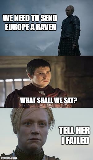 Briexit | WE NEED TO SEND EUROPE A RAVEN; WHAT SHALL WE SAY? TELL HER I FAILED | image tagged in brienne,pod,brexit,europe,got,gameofthrowns | made w/ Imgflip meme maker
