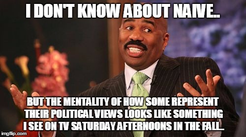 Steve Harvey Meme | I DON'T KNOW ABOUT NAIVE.. BUT THE MENTALITY OF HOW SOME REPRESENT THEIR POLITICAL VIEWS LOOKS LIKE SOMETHING I SEE ON TV SATURDAY AFTERNOON | image tagged in memes,steve harvey | made w/ Imgflip meme maker