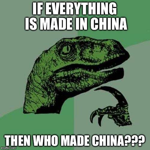 Philosoraptor Meme | IF EVERYTHING IS MADE IN CHINA; THEN WHO MADE CHINA??? | image tagged in memes,philosoraptor | made w/ Imgflip meme maker