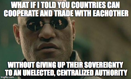 Matrix Morpheus Meme | WHAT IF I TOLD YOU COUNTRIES CAN COOPERATE AND TRADE WITH EACHOTHER; WITHOUT GIVING UP THEIR SOVEREIGNTY TO AN UNELECTED, CENTRALIZED AUTHORITY | image tagged in memes,matrix morpheus | made w/ Imgflip meme maker